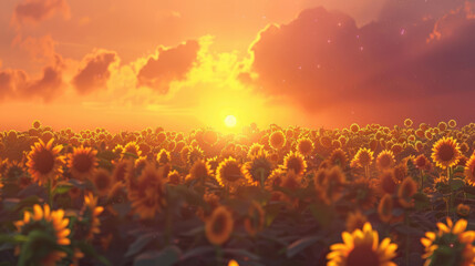 The tranquil majesty of a sunset over a field of sunflowers, their golden petals aglow in the fading light of day.