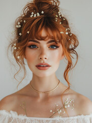 A photo of a bride surrounded with small white flowers with red hair, wearing a gold necklace. Beauty shot for magazine. Glittering beauty.