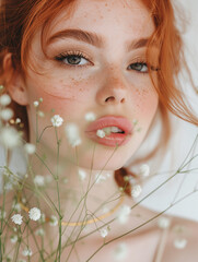 A photo of a fashion model surrounded with small white flowers with red hair and freckles face, wearing a gold choker necklace. Beauty shot for magazine. Glittering beauty.