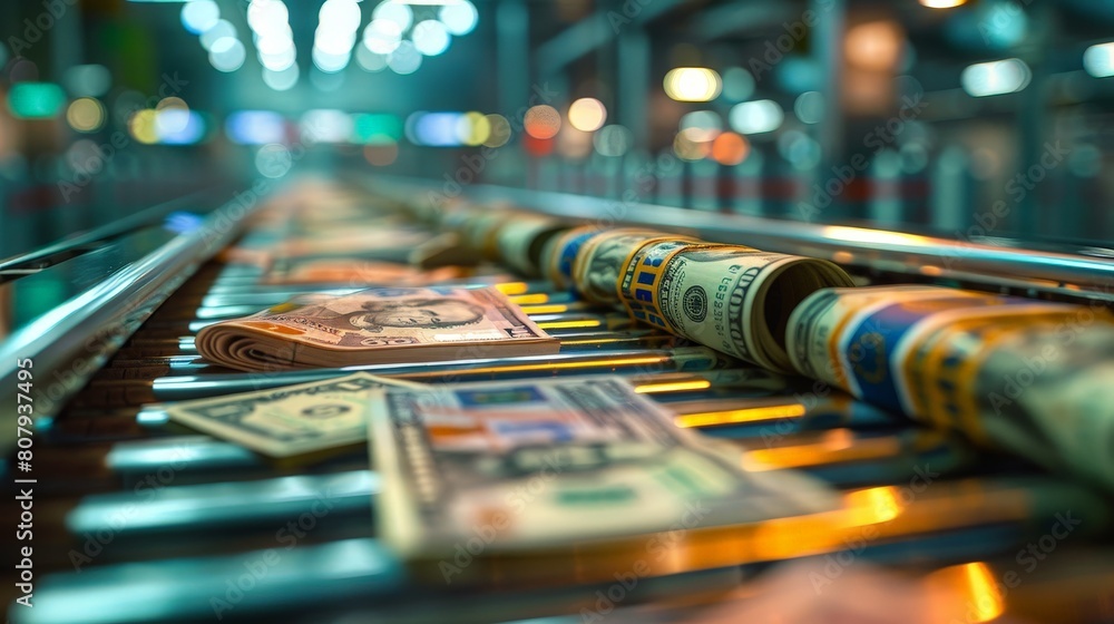 Poster scene of a conveyor belt layered with currencies from multiple nations, dynamic view