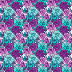 Fototapeta na wymiar Purple and teal rose floral print, seamless texture for wallpapers, textile, wrapping, poster, web and packaging