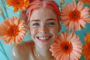  A photo of happy laughing woman with gerbera daisy flowers on blue background. Minimal floral spring concept.