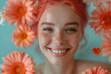 Floral joy: laughing woman with gerbera daisies on blue background. Minimal floral spring concept.