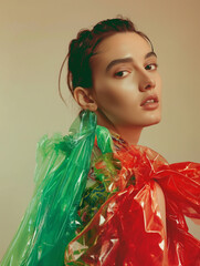 Women wearing plastic on minimal background. Female model in clothes made of plastic bag. Fashion, style, recycling, eco and environmental concept.