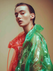 Woman model in oversized plastic puffer jacket. Fashion shooting made of plastic. Contemporary design