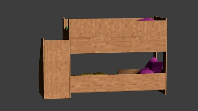 A wooden bunk bed with a pink pillow and a green blanket. The bed is on a dark background