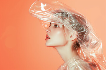 Women wearing plastic on minimal background. Female model in clothes and hat made of  transparent plastic bag. Fashion, style, recycling, eco and environmental concept.