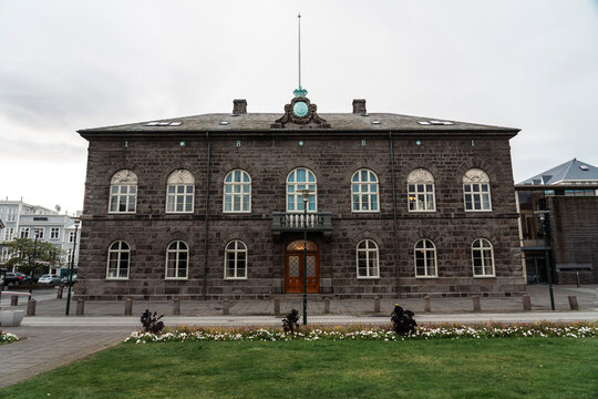 Reykjav&iacute;k, Iceland - 07 09 2023: Al&thorn;ingish&uacute;si&eth;, The Parliament House.  Classical 19th century structure by Austurv&ouml;llur square. Committee meeting rooms, parliamentarians offices, Al&thorn;ingi's secretariat
