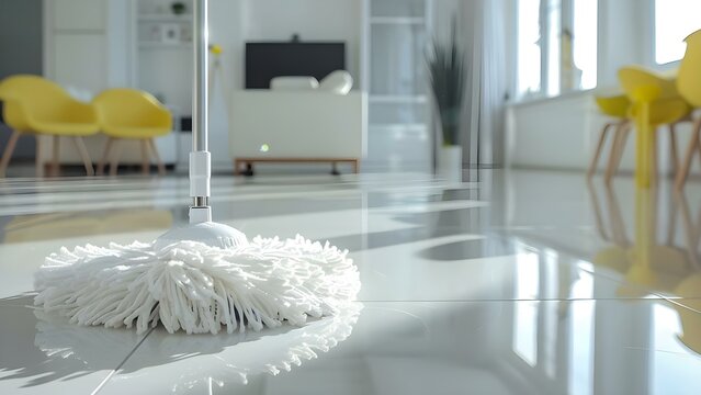 Closeup of white mop on floor in modern white apartment. Concept Interior Photography, Modern Design, Household Items, White Color Palette, Minimalist Decor