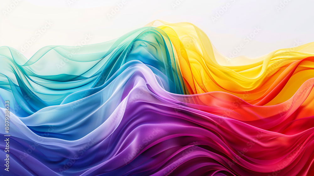 Wall mural A colorful wave of fabric with a rainbow of colors. The colors are vibrant and the wave is flowing, giving the impression of movement. Fluid Rainbow Waves Embrace Diversity - Celebrating Pride Month