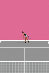 Pink and grey tennis court with competitive woman, athlete in motion, playing, practicing before game. Creative collage. Sport, game, competition, tournament, active lifestyle concept. Minimal poster