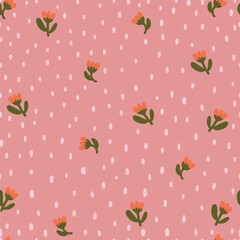 Small orange flowers with dots on pink backround, seamless pattern.	
