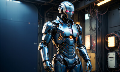 Naklejka premium robot Advanced AI in Tech Room, Sci-Fi, Futuristic Design