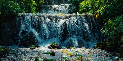 Plastic bottles and glass polluted waterfall or marine water and tropical, dirty, ecological problem, recycle garbage