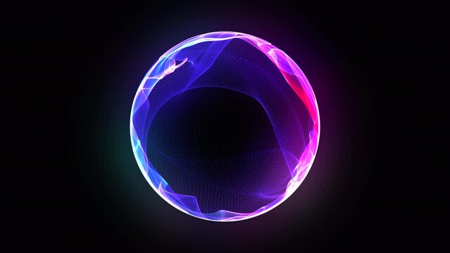 Vibrant glowing particle 3d sphere animation. Virtual assistant concept. Bright 3d energy orb in the space. Technology, science, innovations, and artificial intelligence background. 4k loop. 