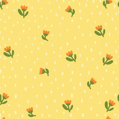 Small orange flowers with dots on yellow backround, seamless pattern.	
