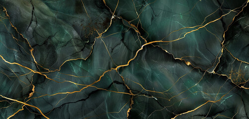Abstract jade green  jet black marble background with golden lines simulating a luxurious stone surface