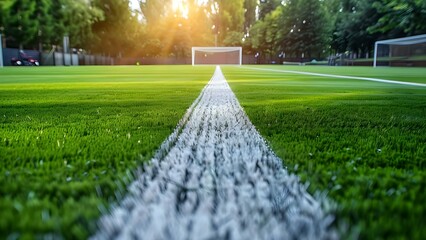 Closeup of artificial soccer field with white stripes used in sports. Concept Sports Equipment, Soccer Field, Artificial Turf, White Stripes, Close-up Shot
