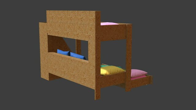 A bunk bed with a blue blanket and pillows on it. The bed is made and has a colorful design