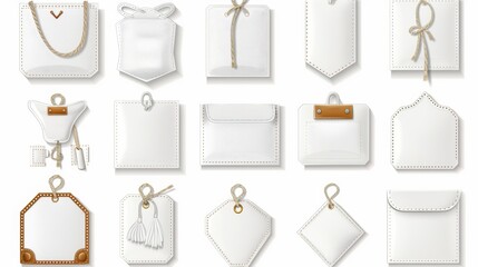 A set of realistic modern illustration mockup and template of white silk fabric tags and badges with stitches for tagging clothes and adding brand and care information.