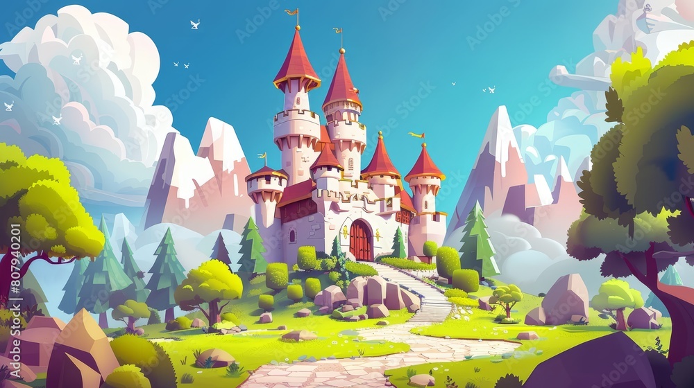 Sticker a medieval royal castle surrounded by trees and rocky mountains. a cartoon modern landscape with a f - Stickers