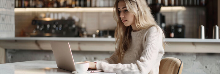 Young woman working on laptop while sitting in coffeeshop, banner