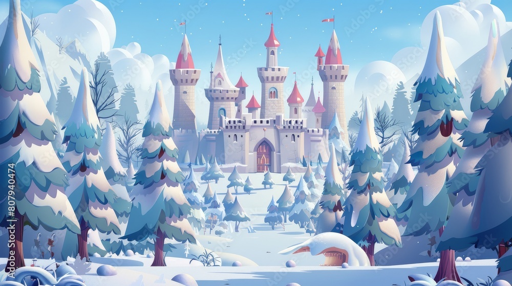 Poster an ancient fortress in snowdrifts with a medieval fortress with a gate and towers in the middle of a