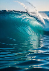 A dynamic wave captured in detail, showcasing water texture against a blue gradient background, concept of nature's motion