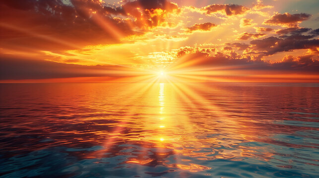 Breathtaking bright orange sunset over the ocean, serene seascape with vibrant sky reflecting on calm water, tranquil nature background