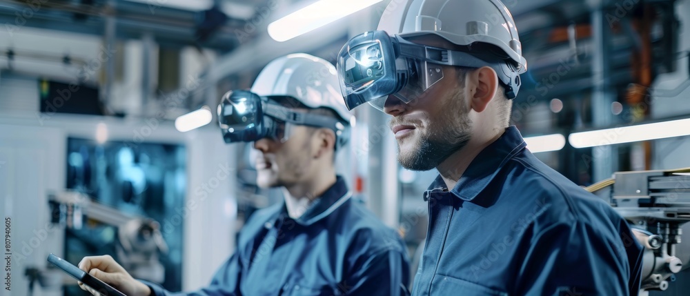 Poster this portrait shows two engineers using industrial digital tablets to work with augmented reality. a