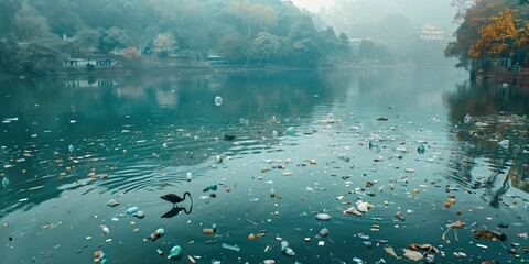 Plastic, bottles, glass polluted lake or river water in forest, dirty, ecological problem, recycle garbage
