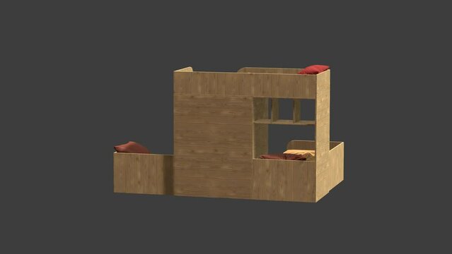 A wooden bunk bed with a wooden shelf underneath