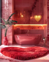 Interior design of a bathroom of pink and red hues and a huge heart shaped fluffy rug in front of the bathtub 