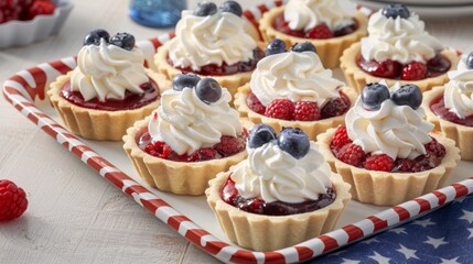 Delicious Berry Tartlets with Whipped Cream on Patriotic Tableware