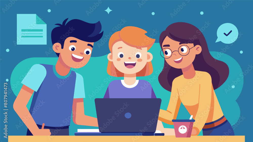 Poster a trio of teens collaborate on a digital animation project excitedly preparing to submit it in an up