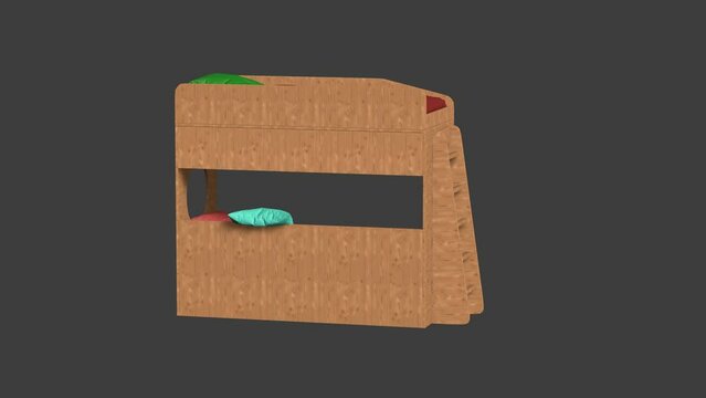 A wooden bunk bed with a green pillow and a red pillow. The bed is on a dark background