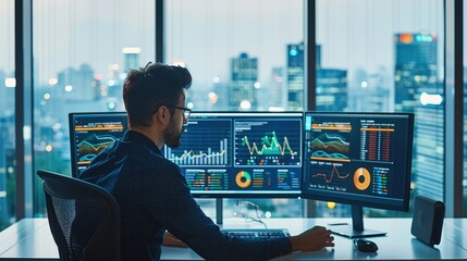 Data analyst at a minimalist desk with multiple monitors displaying vibrant data visualizations. The office has large windows showing a cityscape. Generative AI.