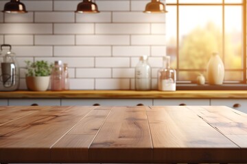 Kitchen interior with wooden table and shelf. 3D Rendering