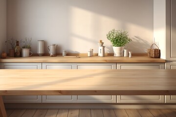 Kitchen interior with wooden table and shelf. 3D Rendering