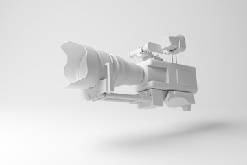 White professional video camera floating in mid air in monochrome and minimalism. Illustration of the concept of film production, video recording, movies and live broadcasting