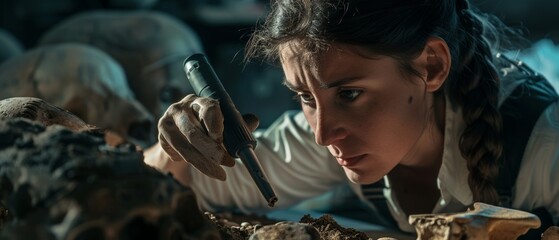During an excavation at an archeological dig site, a great female archaeologist discovers historical artifacts, fossil fossil remains that are studied under a microscope.
