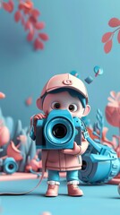 a cute photographer character depicted in motion, usage of blue and pink colors