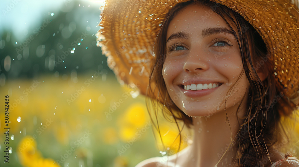 Wall mural young woman enjoy the summer warm rain wear hat