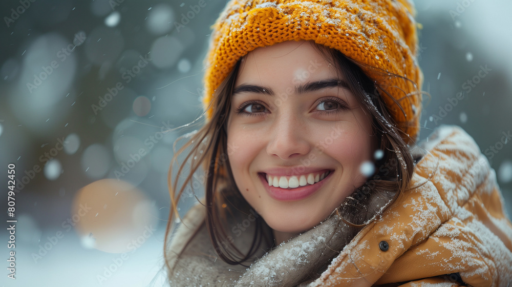 Sticker happy smiling woman outdoors winter outfit snowfall yellow beanie and coat