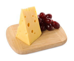 Piece of delicious cheese and grapes isolated on white
