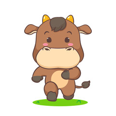 Cute buffalo cow running cartoon character. Adorable kawaii animals concept design. Hand drawn style vector illustration. Isolated white background.