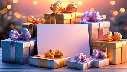 Luxurious gifts with metallic bows against a warm sunset backdrop, featuring a prominent space for customization.