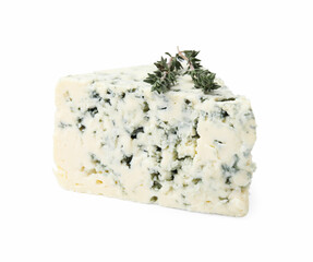 Tasty blue cheese with thyme isolated on white