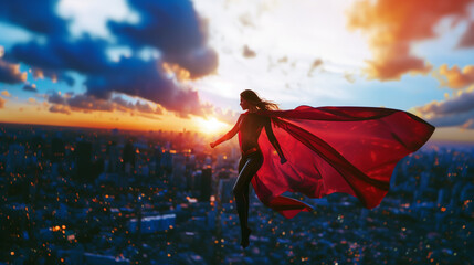superhero woman in a brave posa flying with sunset background with red cape