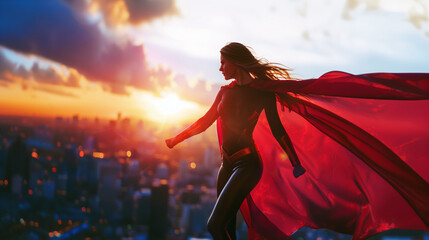 superhero woman in a brave posa standing with sunset background with red cape